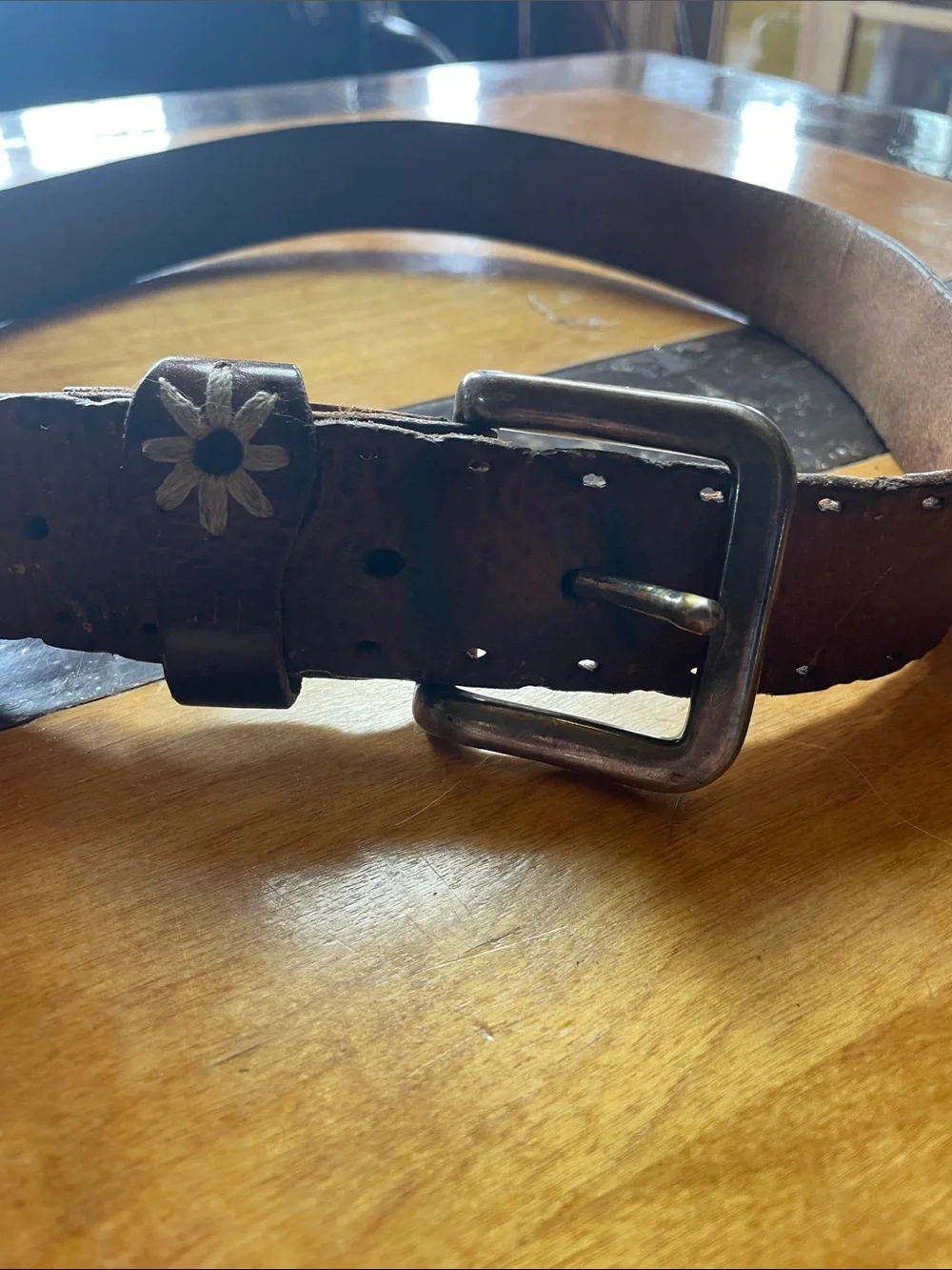 Classic Soft Brown Leather Belt with Decorative Metal Buckle, 40”